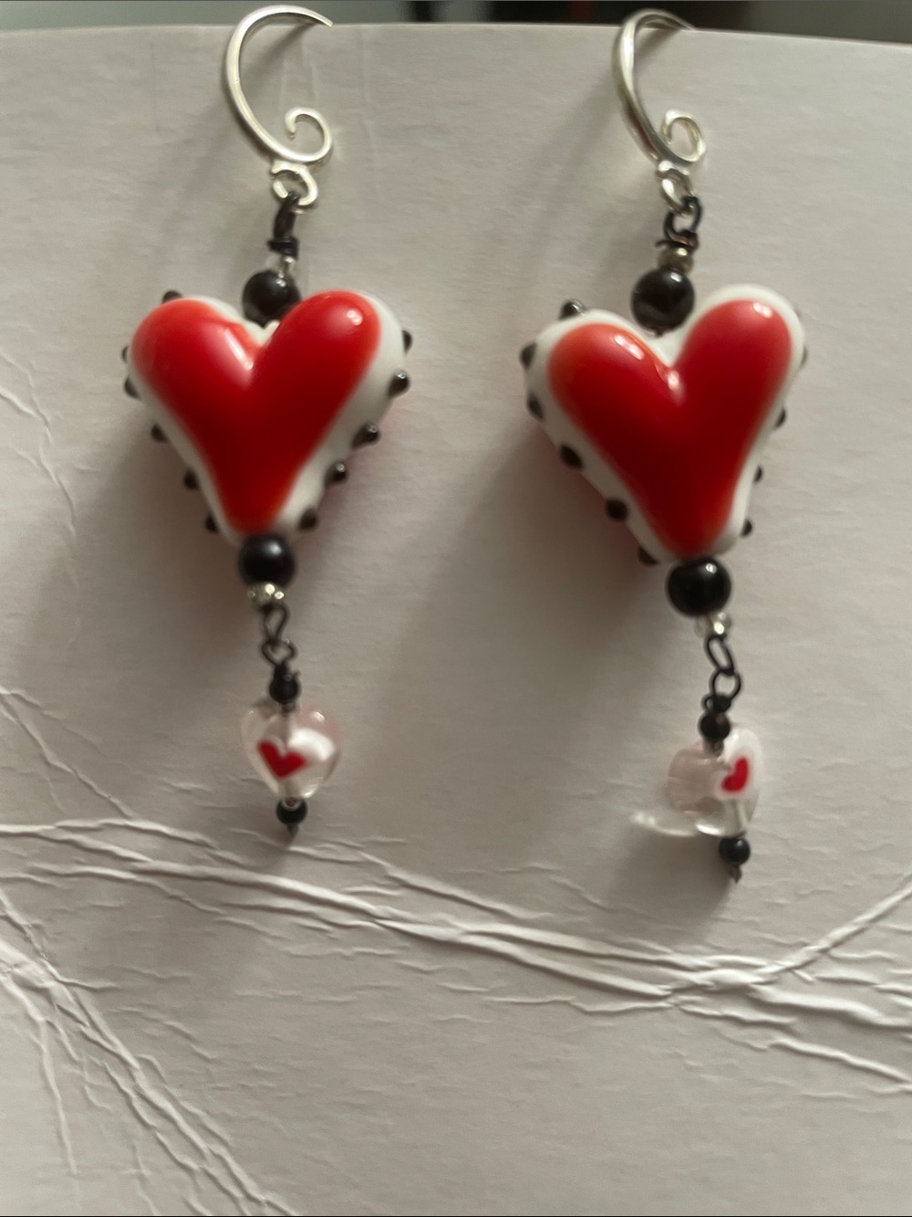 Red Heart Dangle Earrings with Black Bead Accents